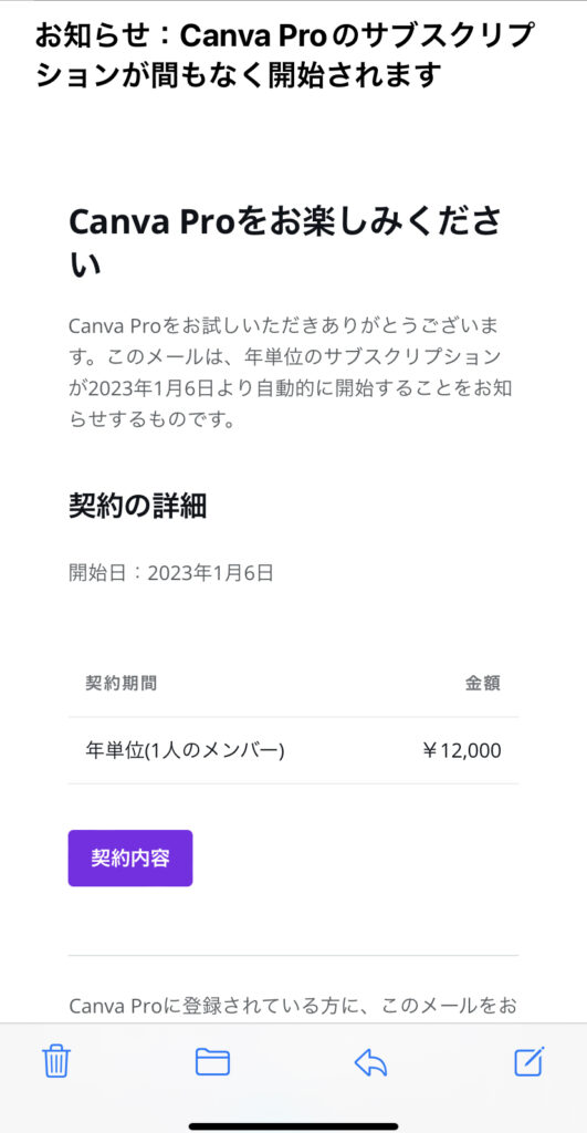 canva pro無料期間終了時のメール